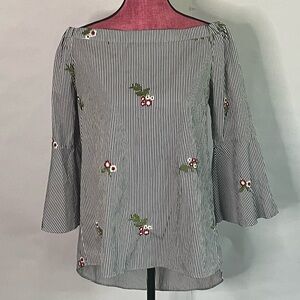 Neiman Marcus off the shoulder striped w/ bell sleeves & floral embroidery Sz M